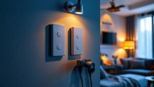 A photograph of a lighting contractor installing a dual light fan switch in a stylish home setting