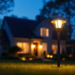 A photograph of a beautifully illuminated outdoor yard light in a residential setting