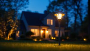 A photograph of a beautifully illuminated outdoor yard light in a residential setting