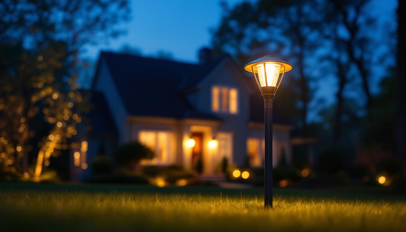 A photograph of a beautifully illuminated outdoor yard light in a residential setting