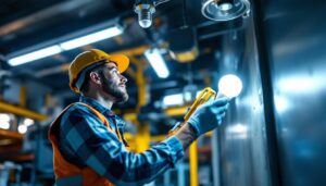 A photograph of a lighting contractor installing led fluorescent bulbs in a commercial setting