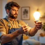 A photograph of a lighting contractor expertly installing a modern