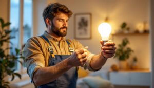 A photograph of a lighting contractor expertly installing a modern