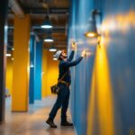 A photograph of a well-lit warehouse interior showcasing vibrant paint colors on the walls