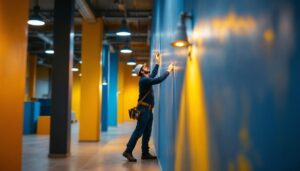 A photograph of a well-lit warehouse interior showcasing vibrant paint colors on the walls