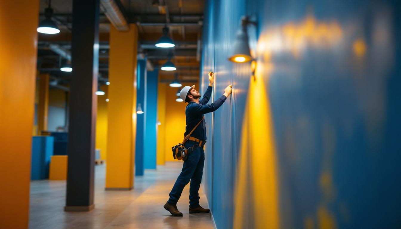 A photograph of a well-lit warehouse interior showcasing vibrant paint colors on the walls