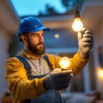 A photograph of a lighting contractor expertly replacing traditional incandescent bulbs with modern led bulbs in a residential setting