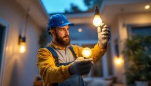 A photograph of a lighting contractor expertly replacing traditional incandescent bulbs with modern led bulbs in a residential setting
