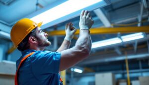A photograph of a lighting contractor installing an 8 ft fluorescent light fixture without a ballast in a commercial space