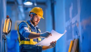 A photograph of a lighting contractor on a job site