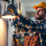 A photograph of a lighting contractor skillfully replacing a traditional mr16 bulb with a modern led equivalent