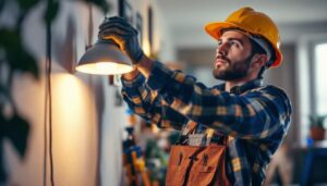 A photograph of a lighting contractor skillfully replacing a traditional mr16 bulb with a modern led equivalent