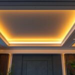 A photograph of a beautifully designed tray ceiling featuring elegant recessed lighting that highlights the architectural details and creates an inviting ambiance in a stylish room setting