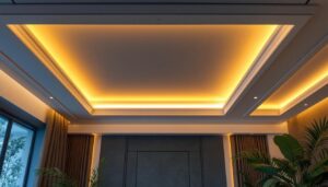 A photograph of a beautifully designed tray ceiling featuring elegant recessed lighting that highlights the architectural details and creates an inviting ambiance in a stylish room setting