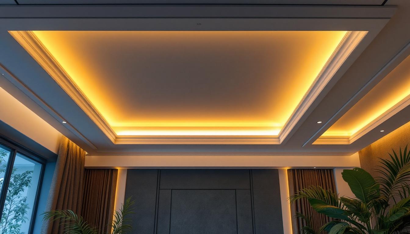 A photograph of a beautifully designed tray ceiling featuring elegant recessed lighting that highlights the architectural details and creates an inviting ambiance in a stylish room setting