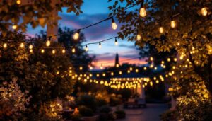 A photograph of capture a photograph of a beautifully lit outdoor space adorned with led string lights