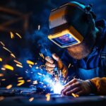 A photograph of a skilled contractor using a high-quality welding lamp in a dimly lit workspace