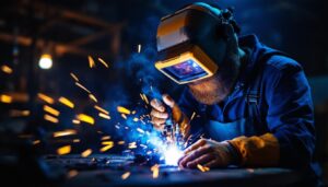 A photograph of a skilled contractor using a high-quality welding lamp in a dimly lit workspace