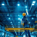 A photograph of a lighting contractor installing high bay led lights in a large commercial space