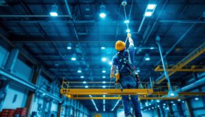 A photograph of a lighting contractor installing high bay led lights in a large commercial space