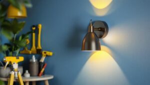 A photograph of a stylish wall sconce installed in a modern interior setting