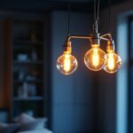 A photograph of a stylish brushed nickel three-light chandelier elegantly illuminated in a modern living space
