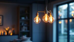 A photograph of a stylish brushed nickel three-light chandelier elegantly illuminated in a modern living space