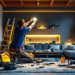 A photograph of a skilled lighting contractor installing 4-inch black led recessed lights in a modern home setting