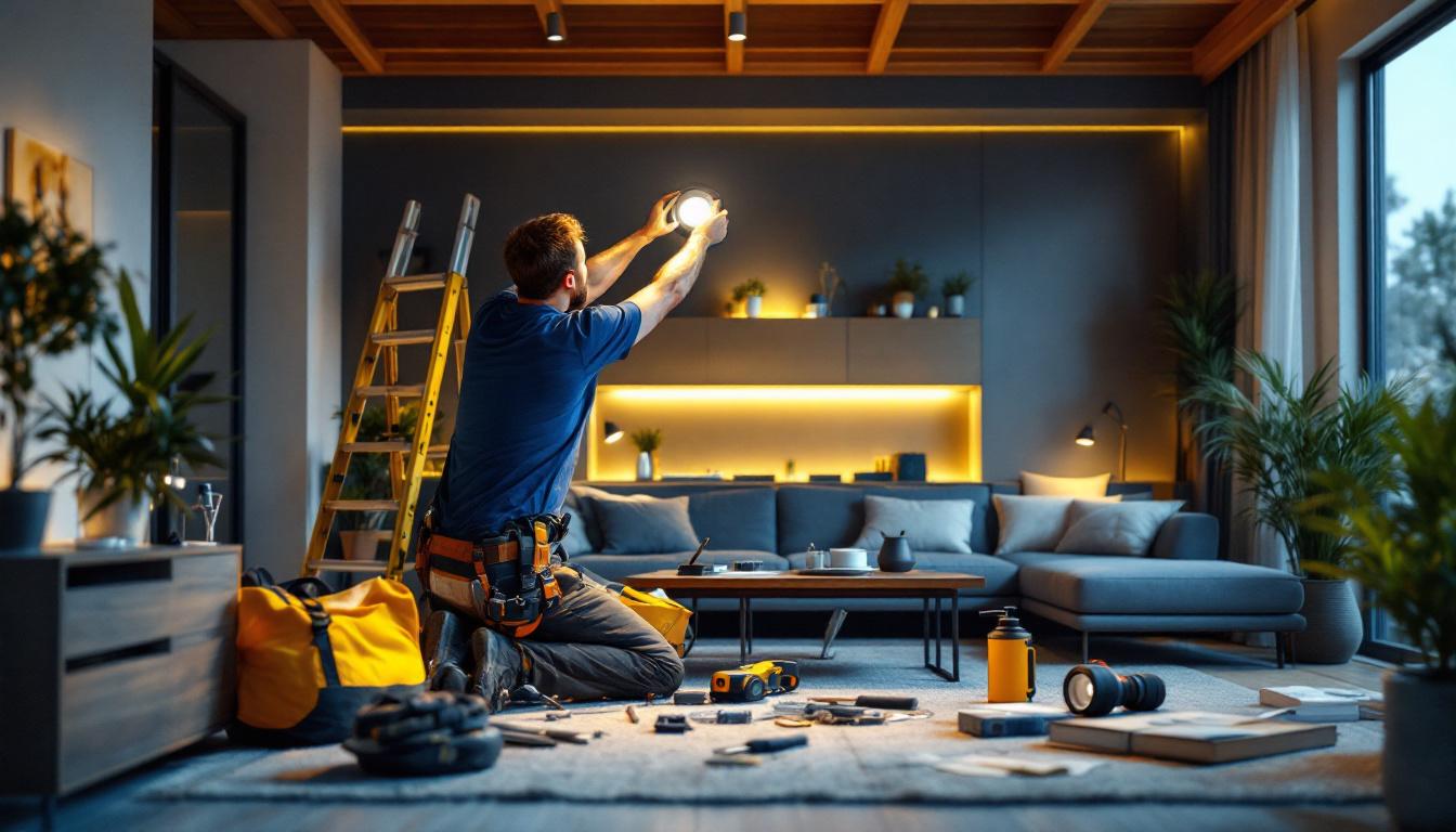 A photograph of a skilled lighting contractor installing 4-inch black led recessed lights in a modern home setting