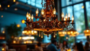 A photograph of a beautifully designed restaurant chandelier