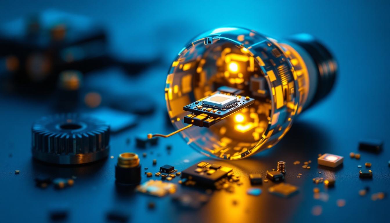 A photograph of a close-up of an led light bulb disassembled to showcase its internal components