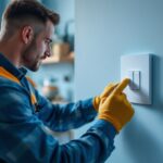 A photograph of a skilled lighting contractor installing sleek