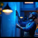 A photograph of a modern lighting installation featuring innovative smart lighting solutions in a residential or commercial setting