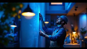 A photograph of a modern lighting installation featuring innovative smart lighting solutions in a residential or commercial setting