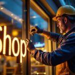A photograph of a lighting contractor expertly installing a vibrant led shop sign in an urban setting