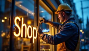 A photograph of a lighting contractor expertly installing a vibrant led shop sign in an urban setting