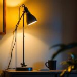 A photograph of a stylish industrial standing lamp in a well-lit room