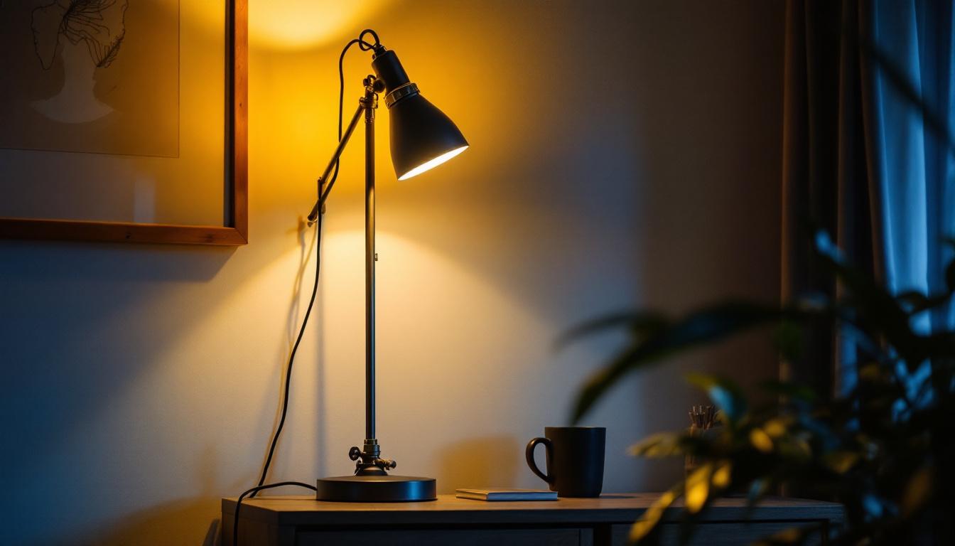 A photograph of a stylish industrial standing lamp in a well-lit room