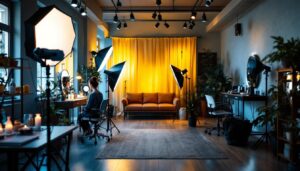 A photograph of a beautifully lit hair and beauty studio showcasing various lighting setups