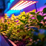 A photograph of a modern indoor gardening setup featuring vibrant plants illuminated by advanced bionic grow lights
