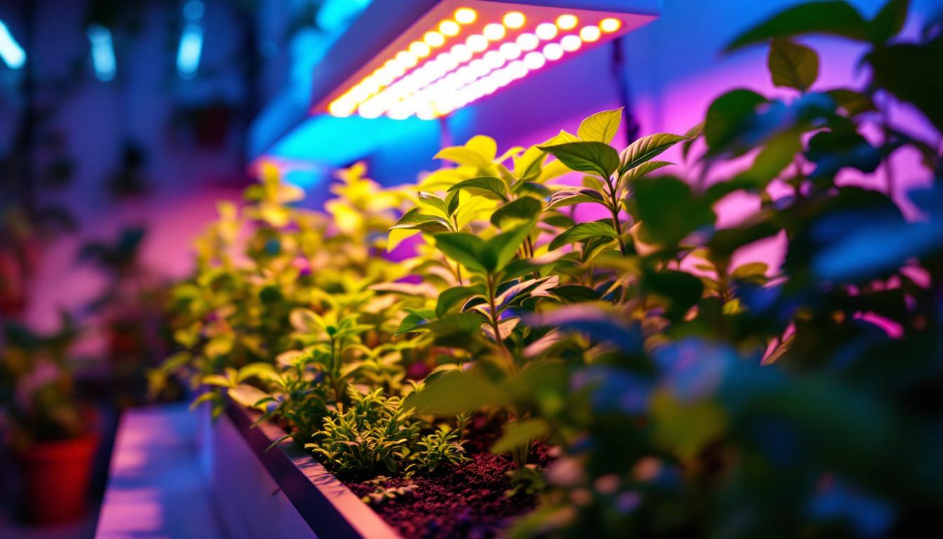 A photograph of a modern indoor gardening setup featuring vibrant plants illuminated by advanced bionic grow lights
