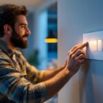 A photograph of a lighting contractor expertly installing a leviton 0-10v dimmer switch in a modern residential setting