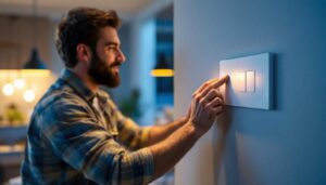 A photograph of a lighting contractor expertly installing a leviton 0-10v dimmer switch in a modern residential setting