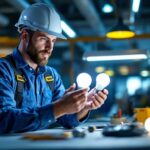A photograph of a lighting contractor comparing fluorescent and led bulbs in a well-lit workspace