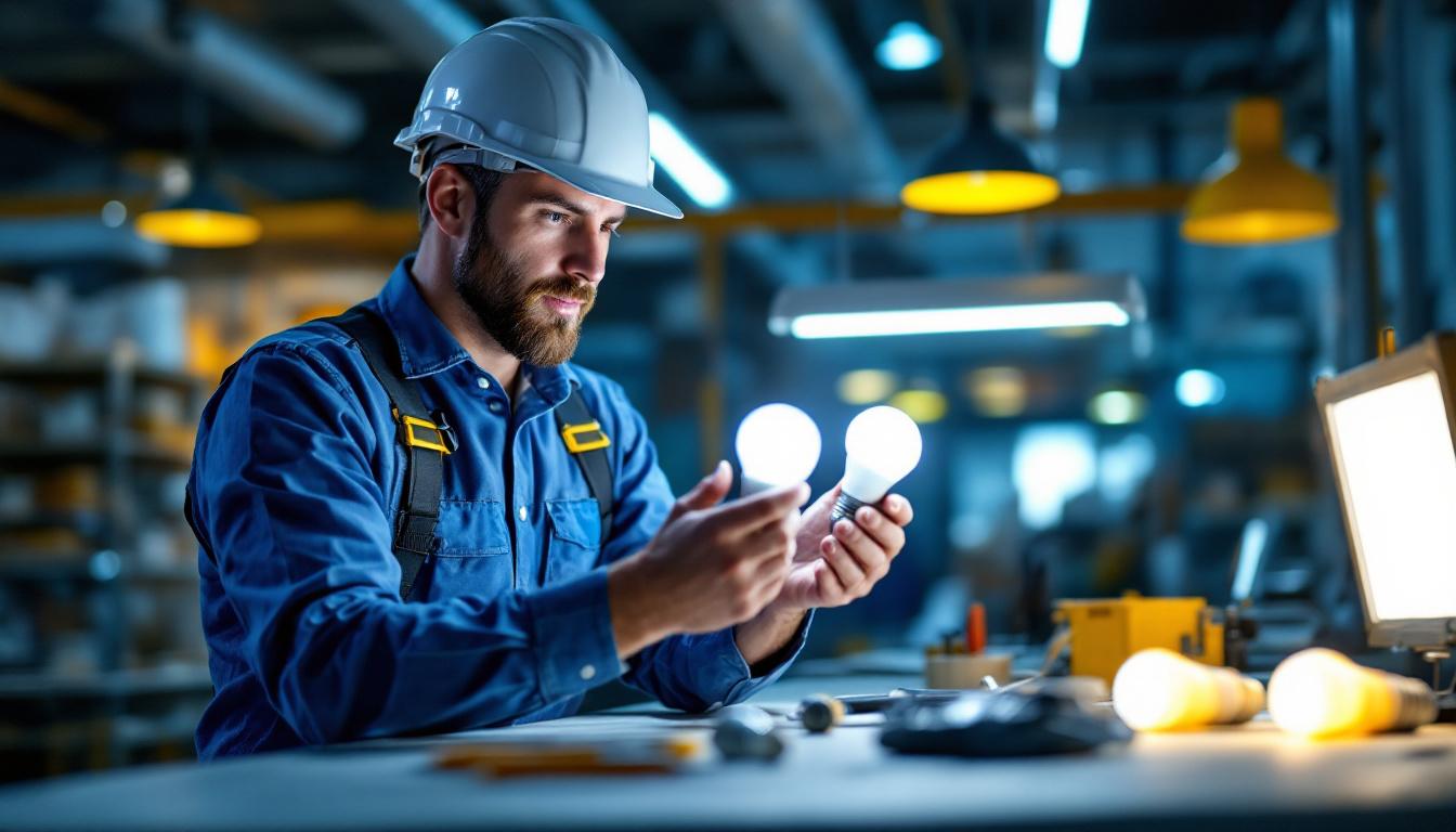 A photograph of a lighting contractor comparing fluorescent and led bulbs in a well-lit workspace