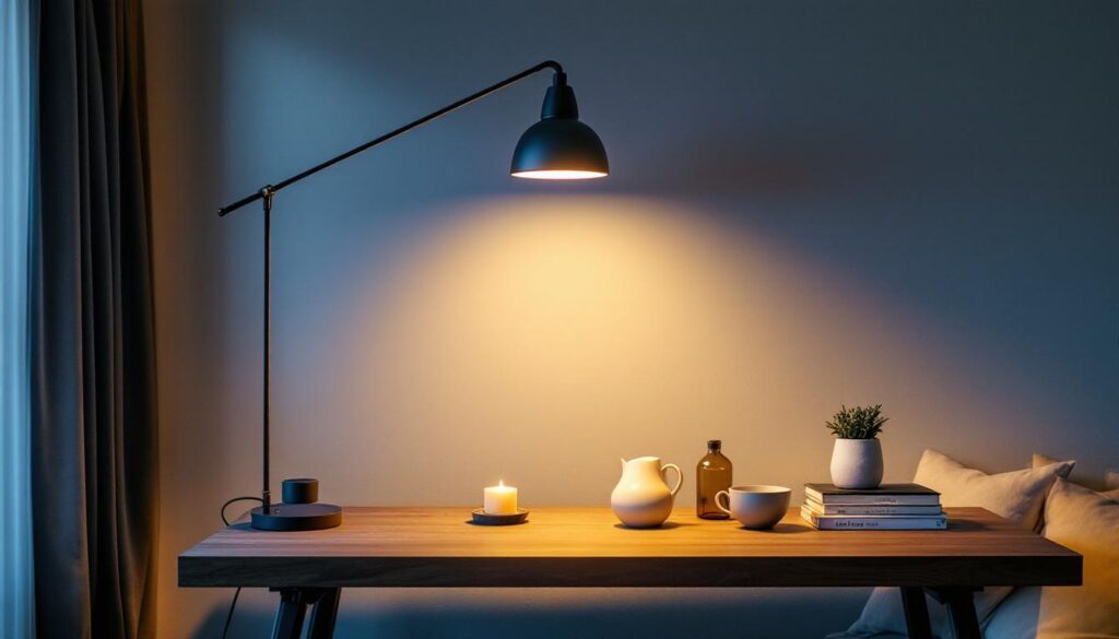 A photograph of a contemporary living space featuring a stylish cut-off light fixture
