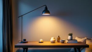 A photograph of a contemporary living space featuring a stylish cut-off light fixture