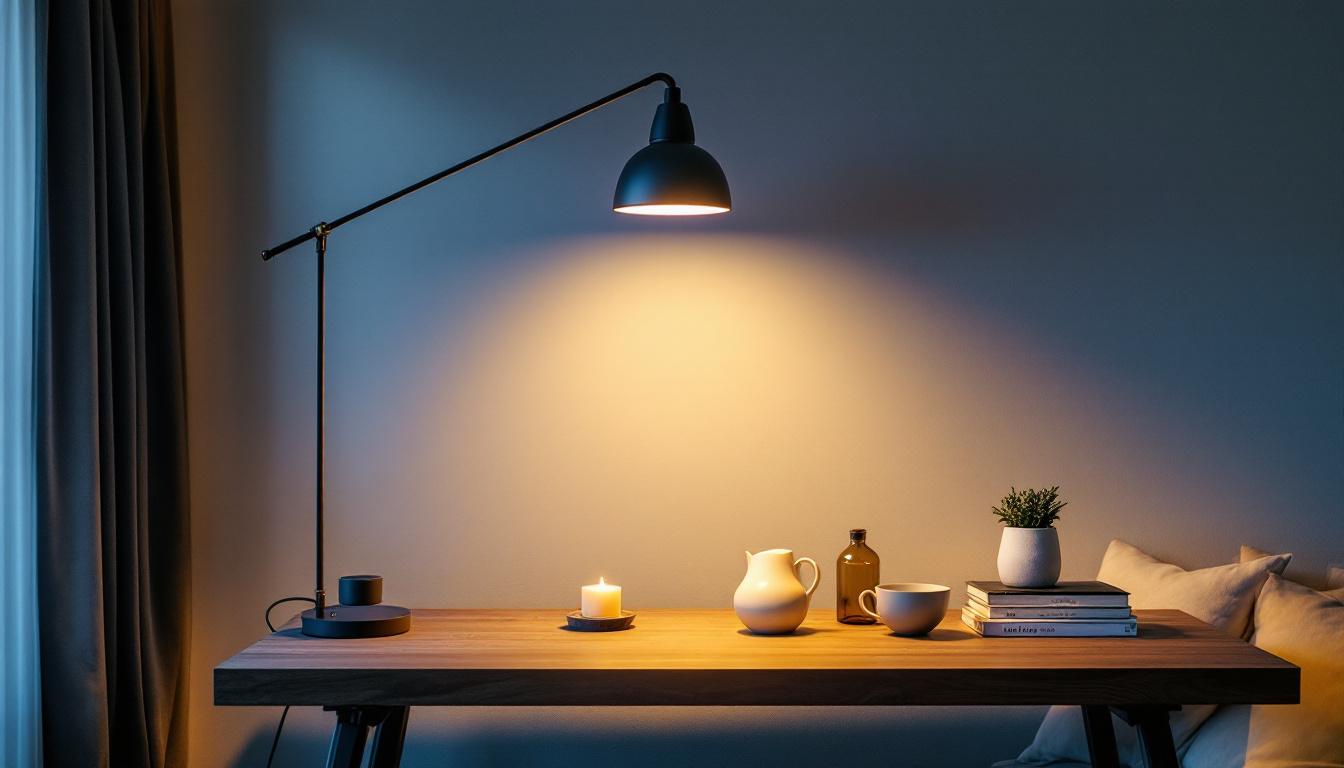 A photograph of a contemporary living space featuring a stylish cut-off light fixture
