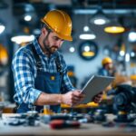 A photograph of a lighting contractor in action