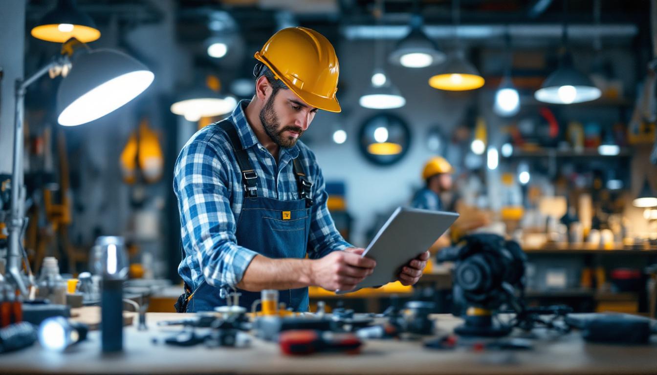 A photograph of a lighting contractor in action